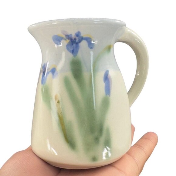 Studio Art Pottery Coffee Mug Cup Set 2 Hand Made Mugs Blue Green Flower Signed - Picture 8 of 14